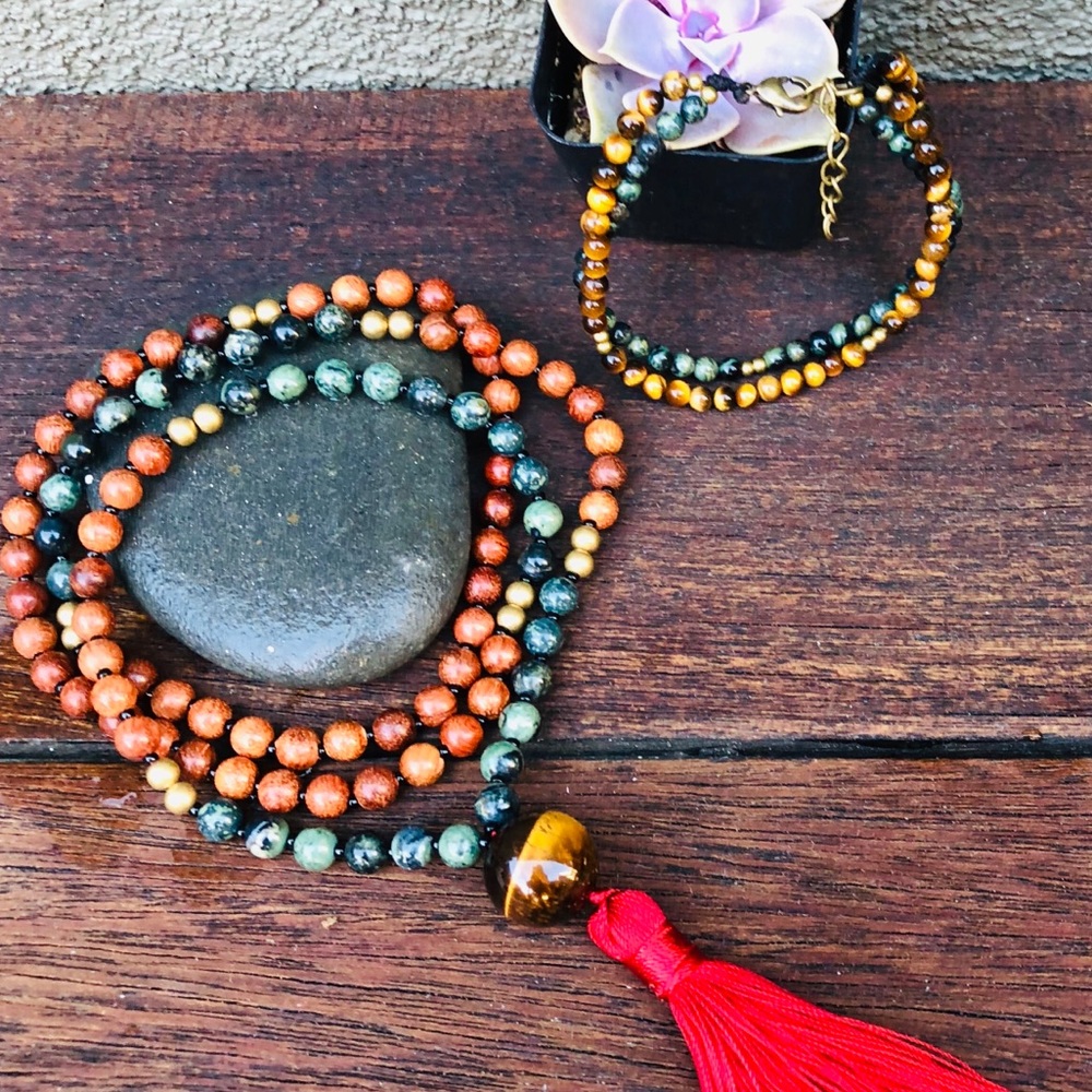 โจGREEN JASPER/ROSEWOOD/TIGER EYE MALA NECKLACE - Picture 12 of 16